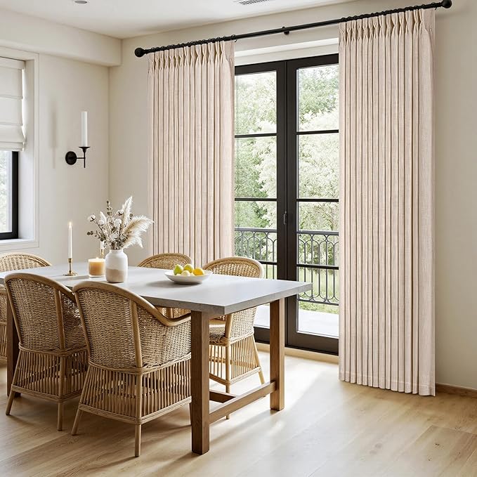 MIULEE Pinch Pleated Thick Linen Curtains 90 Inches Long 2 Panels for Living Room Bedroom, Linen Textured Memory Trained Pleat Drapes Back Tab Light Filtering Sand Beige Window Curtains with Hooks