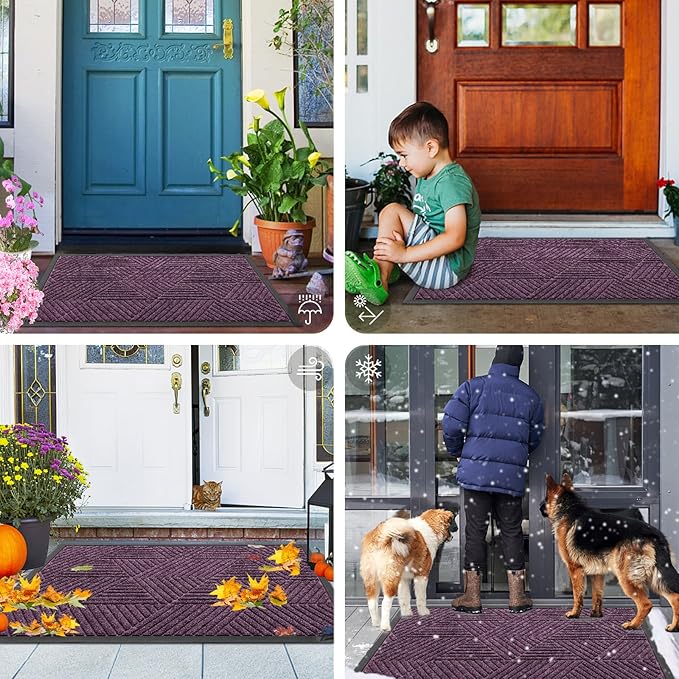Smiry Front Door Mat Outside Entrance, Heavy Duty Sturdy Natural Rubber Doormat, Trap Dirt and Moisture, Easy Clean Low Profile Mats for Indoor Outdoor Entry, Irregular Triangle (47x32, Purple)