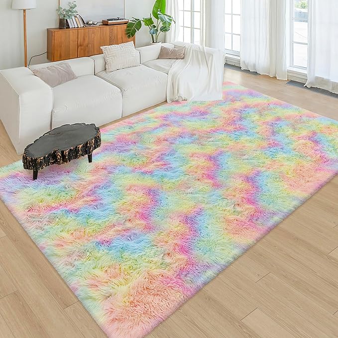 Fluffy Rainbow Colorful Area Rug for Living Room 5x8 Kawaii Tie Dye Rug Fuzzy Indoor Floor Unicorn Rug for Bedroom Girls Kids Nursery Baby Princess Room Dorm Home Decor Aesthetic Carpets