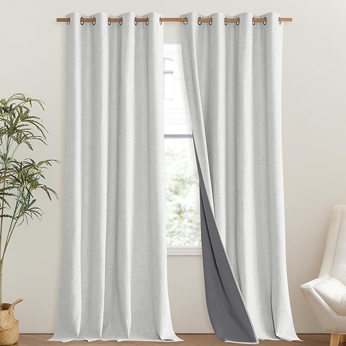 NICETOWN 100% Absolutely Blackout Linen Curtains with Thermal Insulated Liner, Greyish White, 52" Wide, 95" Length Energy Saving Curtains for Living Room 2 Panels Set, Vertical Blinds