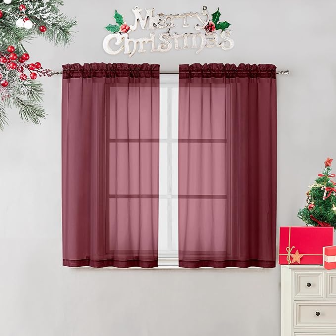 OVZME 2 Panels Window Burgundy Sheer Curtains 42" x 45" Inches for Small Windows, Soft Touching Top Dual Rod Pocket Drapes for Living Room & Bedroom.