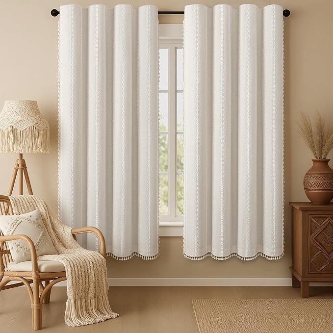 Boho 80% Blackout Curtains with Gray Liner 72 Inches Long 2 Panels Set, Beige Linen Blend Drapes with Tassels and Cotton Embroidered for Living Room Bedroom