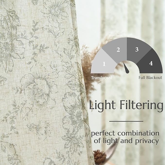 jinchan Linen Blend Floral Curtains for Living Room 108 Inches Extra Long Farmhouse Printed Curtain Back Tab Green Peony Flower Patterned Drapes Bedroom Window Curtains Set 2 Panels