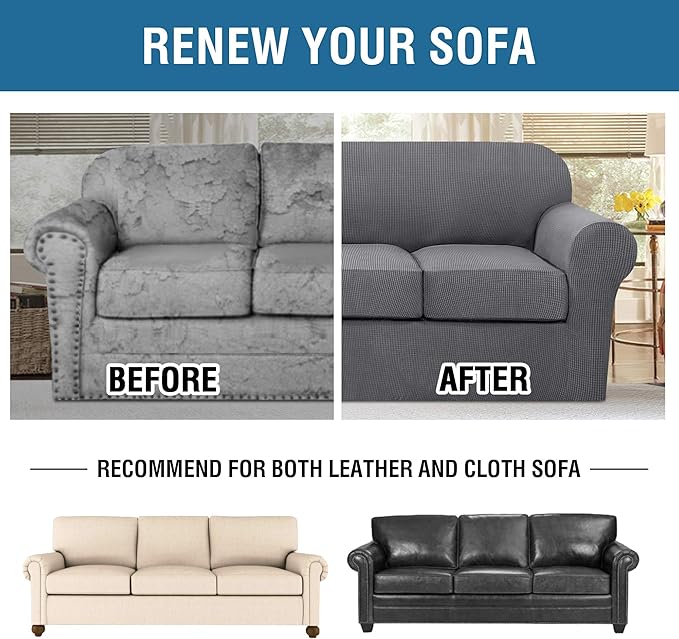 H.VERSAILTEX 4 Piece Stretch Sofa Covers for 3 Cushion Couch Covers for Living Room Furniture Slipcovers (Base Cover Plus 3 Seat Cushion Covers) Upgraded Thicker Jacquard Fabric (Sofa, Grey)