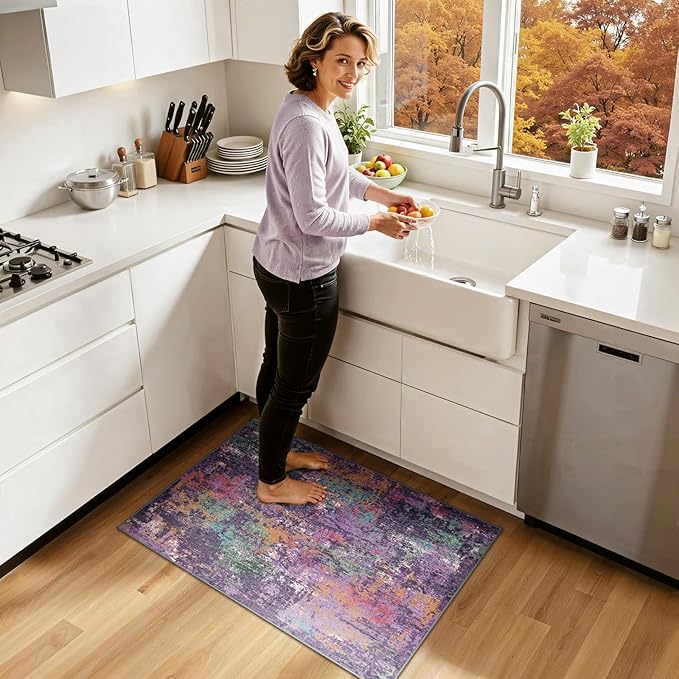 Washable Area Rugs 2'x3' Non-Slip Modern Abstract Soft for Living Room Entryway Bedroom Nursery, Print Pattern, Purple Orange Blue Green Rust Red Colorful