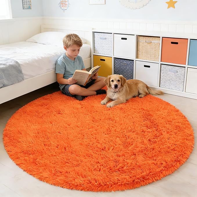 Orange Fluffy Round Rug,Soft Area Rugs for Girls Room,Shaggy Rugs 4'X4' for Living Room,Non Slip Circle Rug for Kids Bedroom,Shag Plush Nursery Carpets,Fuzzy Plush Rug for Dorm,Cute Room Decor Carpet
