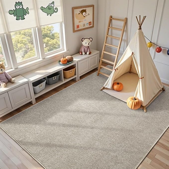 FinRèc 4x6 Washable Area Rugs for Bedroom Living Room, Low Pile Thin Rug Solid Color, Non-Slip Carpet Indoor for Home Decor (Light Tan)