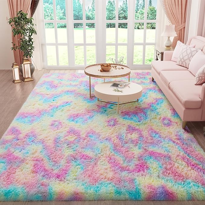Ophanie Rainbow Colorful Rugs for Living Room 5x8, Unicorn Fluffy Shag Fuzzy Plush Soft Carpets, Floor Shaggy Area Rugs for Bedroom, Carpet for Kids Girls Dorm Nursery Home Decor Aesthetic