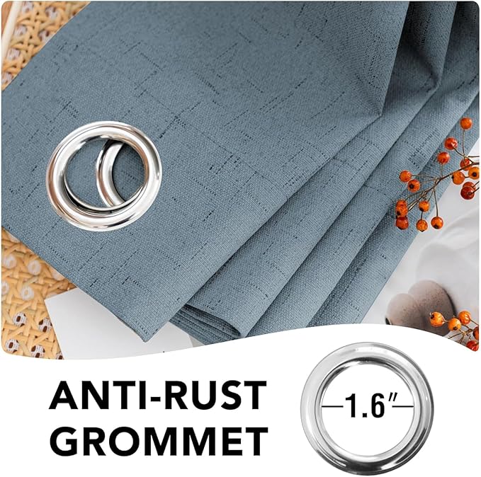 H.VERSAILTEX Linen Curtains 100% Blackout Curtains for Bedroom 102 inch Long Full Light Blocking Nature Linen Blended Window Curtains for Living Room Nickel Grommet (2 Panels, Stone Blue)