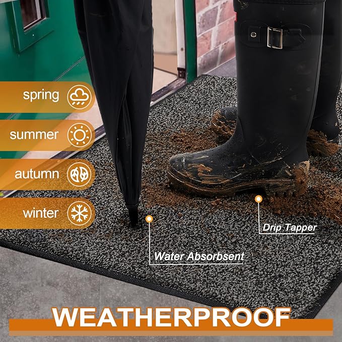Mibao Front Door Mat, Dirt Trapper Welcome Mat for Outdoor Indoor, Non-Slip Waterproof Doormat, Durable Machine Washable Low Profile Entry Rug for Back Door Outside Patio Porch, 29.5" x 17", Grey