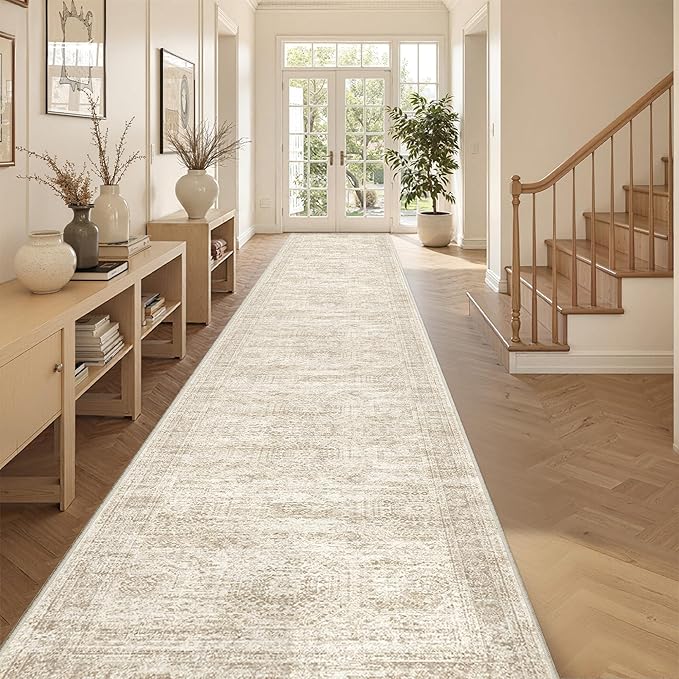 3x18 Washable Runner Rug for Hallway, Non-Slip Long Hallway Runner for Entryway, Soft Vintage Kitchen Mats for Floor, Abstract Dining Room, Bedroom, Living Room Rugs(3'x18', Beige/Ivory)
