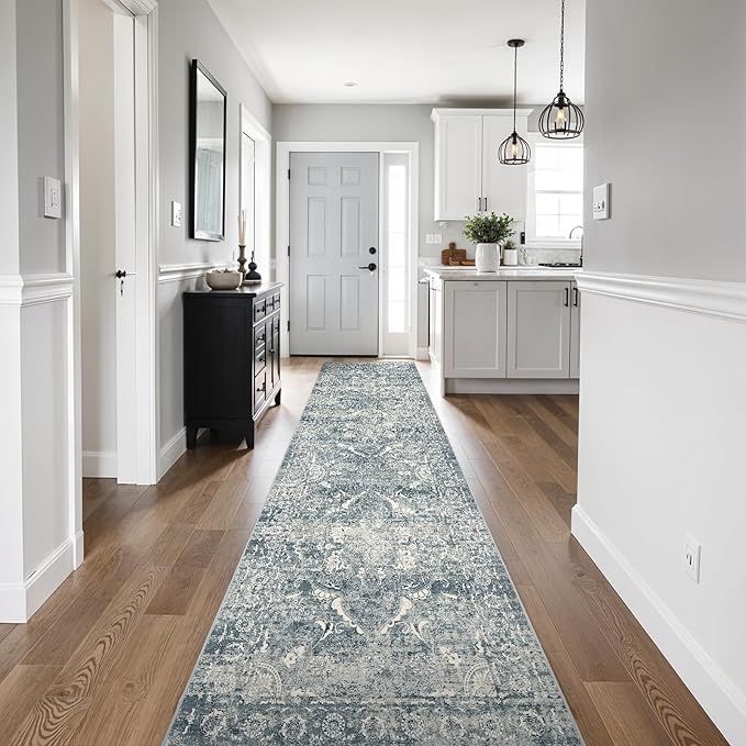 2'6"x14' Washable Hallway Runner Rug - Non Slip Kitchen Runner Rugs with Rubber Backing Vintage Low-Pile Carpet Runners for Entryway Dining Room Laundry Room Home Decor (Blue)