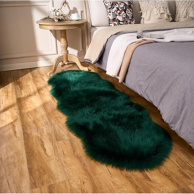 EasyJoy Ultra Soft Fluffy Shaggy Area Rug Faux Fur Rug Chair Cover Seat Pad Fuzzy Area Rug for Bedroom Floor Sofa Living Room (2 x 6 ft Sheepskin, Dark Green)