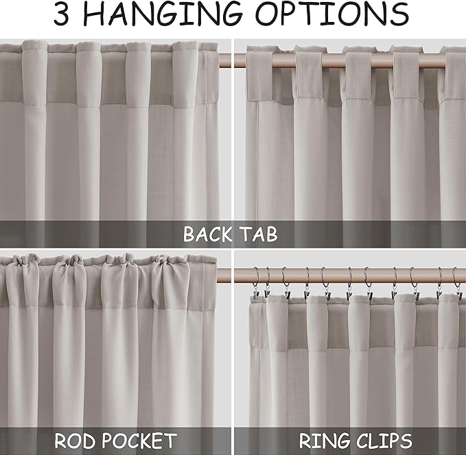 Nanspring Stone Grey Linen Curtains 96 Inches Long for Living Room Simple Modern Light Filtering Semi Sheer Curtain Back Tab and Rod Pocket Neutral Luxury Drapes for Bedroom Office 52x96, 2 Panels