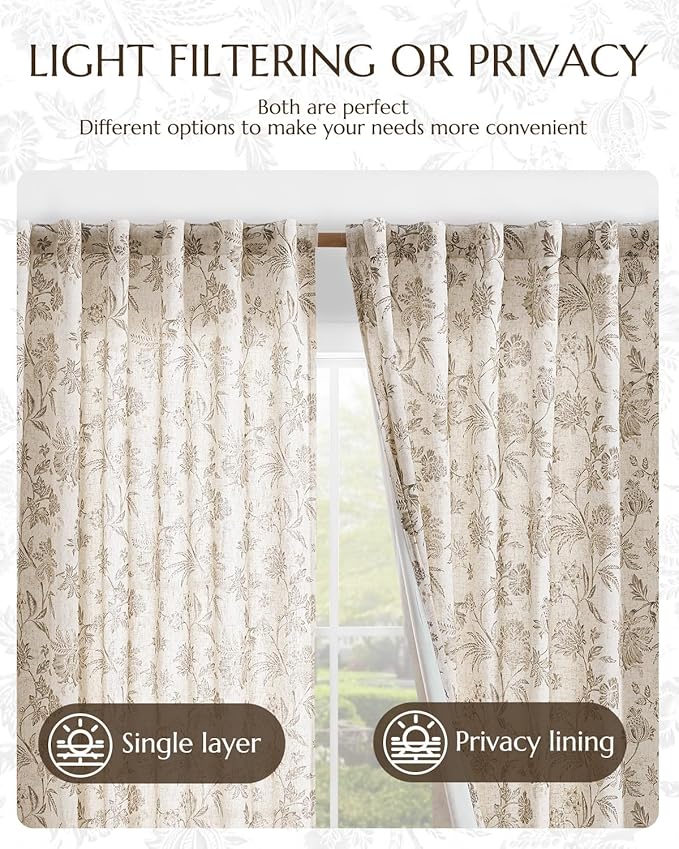 jinchan Lined Linen Floral Curtains for Living Room, 96 Inch Length Printed Flower Farmhouse Patterned French Country Back Tab Taupe Window Drapes Set Privacy Bedroom Curtains, 2 Panels