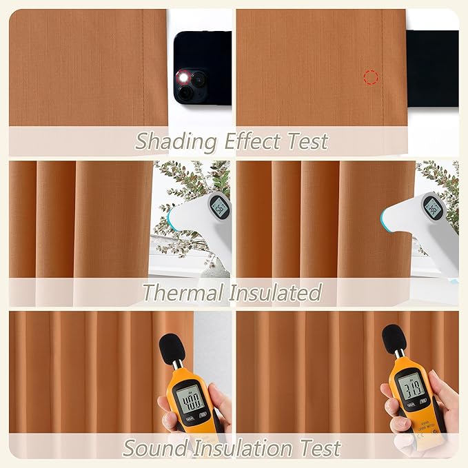 Guken Orange 100% Blackout Linen Curtains 108 Inch Length 2 Panels Set for Living Room Bedroom Back Tab Thermal Insulated Black Out Drapes Room Darkening Farmhouse Window Curtains 52x108
