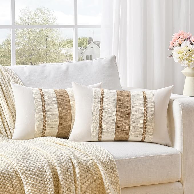 Fancy Homi Set of 1 Neutral Tan Lumbar Decorative Throw Pillow Cover 12x20 Inch for Couch Bed Sofa Chair, Modern Organic Farmhouse Boho Home Decor, Soft Cotton Cute Accent Taupe Rectangle Cushion Case