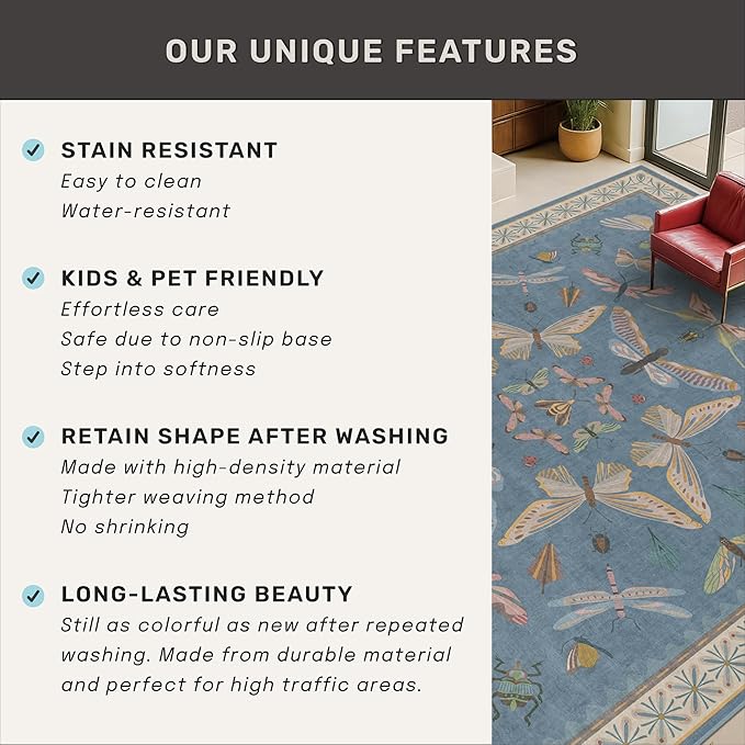 Blue Washable Kids Playroom Rug - 5x7 Area Rugs for Nursery Baby Boy, Bedroom, Living Room, Toddler Boy Room Decor, Cute Animals Print Carpet, Super Soft Non Slip Stain Resistant