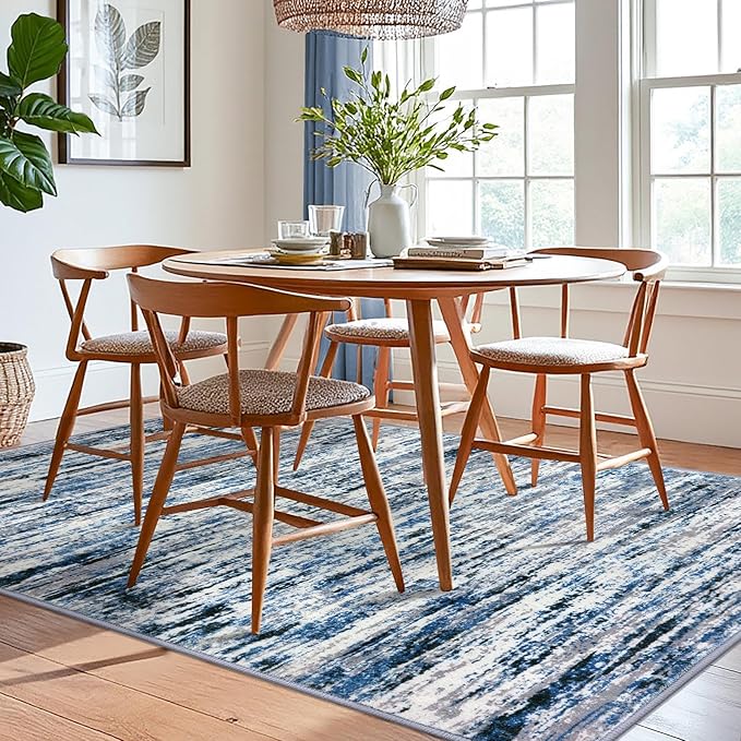 Lansny Modern Abstract 6x9 Machine Washable Living Room Rug Non-Slip Soft Bedroom Area Rug Grey Blue White Thin Print Faux Wool Floor Carpet Throw Rugs for Nursery Playroom Dining Room Indoor