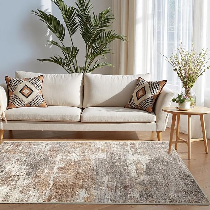3x5 Washable Entryway Area Rug: Modern Abstract Small Runner Rug Indoor Soft Non Slip Rug for Living Room Low Pile Thin Floor Carpet for Kitchen Dining Room Bedroom Home Office Decor(3x5,Brown/Brick)