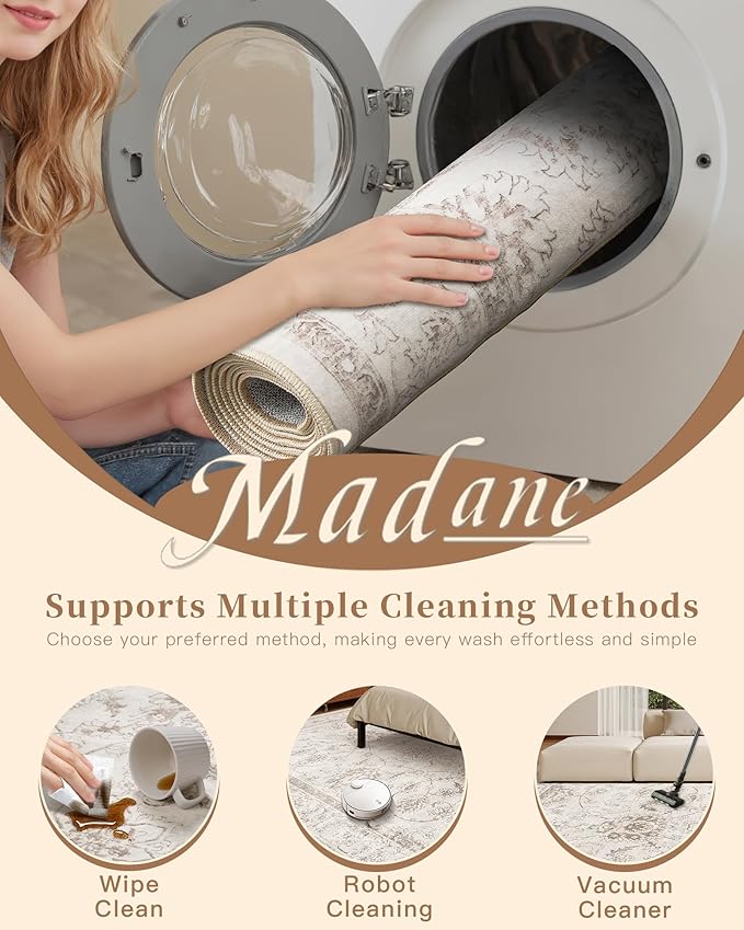 Madane Runner Rug 2x10 for Hallway, Kitchen Non-Slip Runner Rug with Rubber Backing, Vintage Soft Low Pile Throw Neutral Carpet Runner for Laundry Room Entryway Bathroom Bedroom (2 x 10, Brown/Ivory)