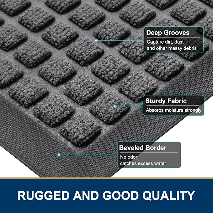 Smiry Front Door Mat Outside Entrance, Heavy Duty Natural Rubber Doormat, Non Slip, Trap Dirt and Moisture, Easy Clean, Low Profile Welcome Floor Mats for Indoor Outdoor Entry, 59x23 Inch, Grey