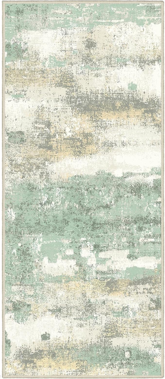 BEIMO Runner Rug for Hallway Kitchen, 2'6"x4' Machine Washable Runners Rug for Entryway, Soft Modern Abstract Throw Rugs, Low Pile Floor Cover with Non Slip Backing, Light Green