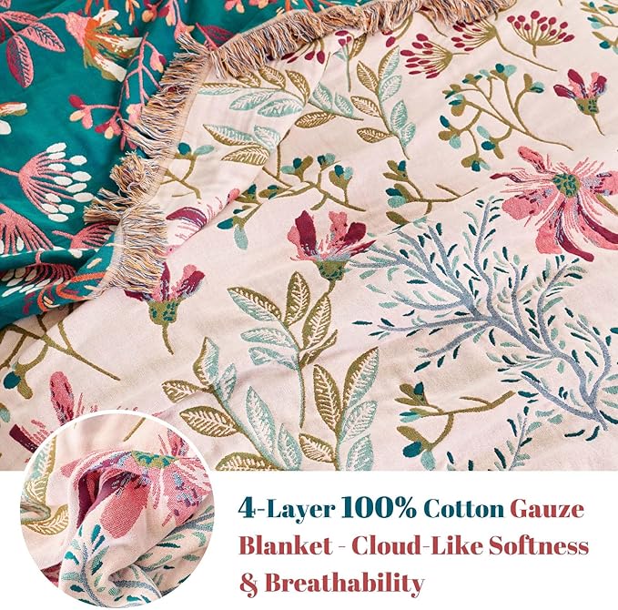 MSGKV Boho Throw Blanket for Bed 60"x80" Floral 100% Cotton Couch Blanket Spring Breathable Lightweight Farmhouse Flower Twin Size Blankets for Sofa Home Decor Muslin All Seasons