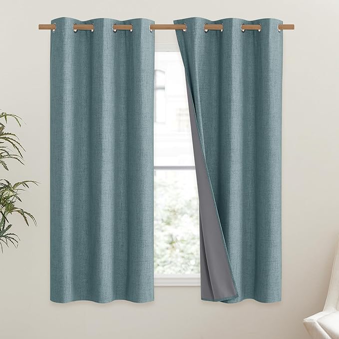 NICETOWN 100% Absolutely Blackout Linen Curtains with Thermal Insulated Liner, Skylark Blue, 42" Wide, 54" Length Energy Saving Curtains for Dining Room 2 Panels Set, Vertical Blinds