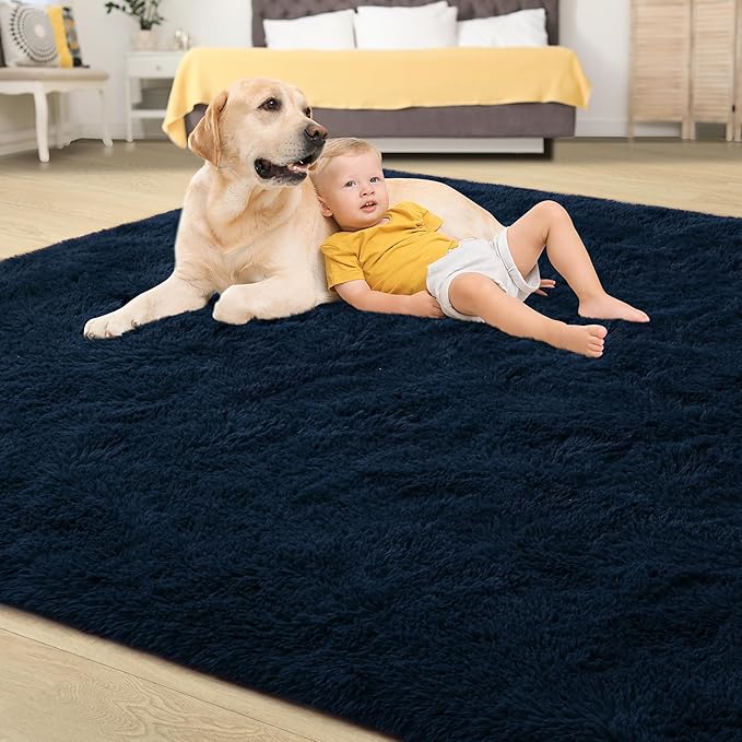 Tepook Fluffy Large Rugs for Living Room, Area Rug 6x9 Soft Carpet for Bedroom, Modern Shaggy Rug for Kids Boys Girls, Plush Indoor Nursery Home Decor Rug with Non-Slip Bottom, Navy Blue