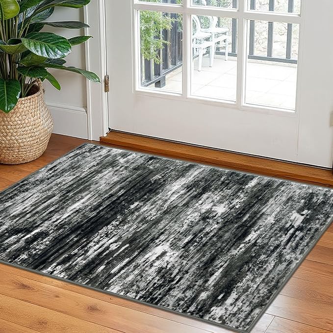 KOZYFLY Modern Abstract Entryway Rugs 2x3, Washable Kitchen Rug Non-Slip Soft Small Bathroom Rug, Black Grey Striped Small Area Rugs Print Faux Wool Doormat for Bedside Entrance Bedroom Sink