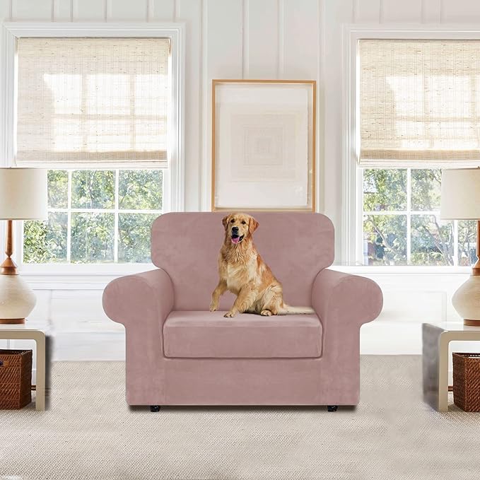 WEERRW Velvet Stretch Chair Sofa Slipcover - 2 Pieces Luxury Soft Velvet Plush Couch Cover Furniture Protector with Elastic Bottom for Pets, Machine Washable, Pink, Small