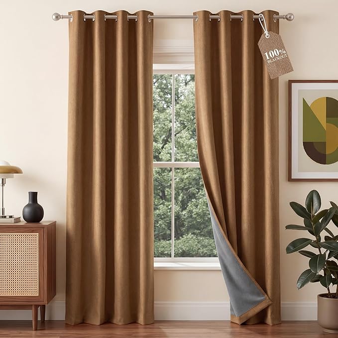 NICETOWN 100% Absolutely Blackout Linen Curtains for Bedroom Living Room, Gold Brown, 52" Wide, 2 Pieces, Privacy Vertical Thermal Insulated Window Drapes 84 inch Long for Shift Workers