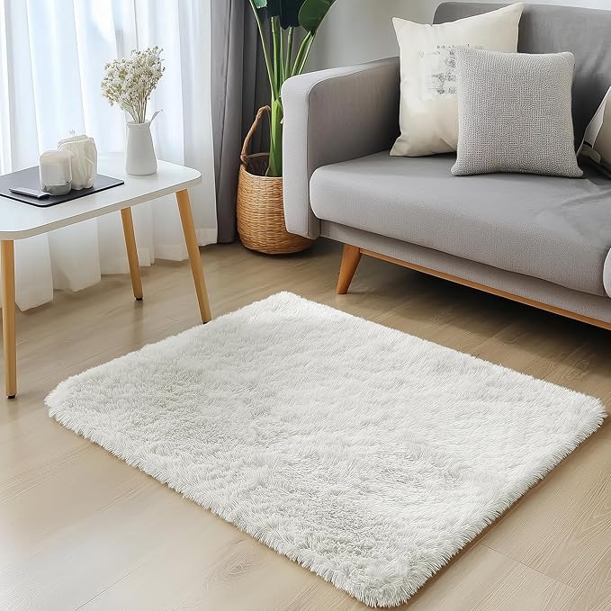 OLANLY 3x3 Machine Washable Small Bedside Rug, Soft Fluffy Shaggy Entryway Throw Rugs for Bedroom, Living Room, Indoor Floor Carpet for Kids Girls and Boys, Nursery Rooms, Home Decor Aesthetic, Ivory