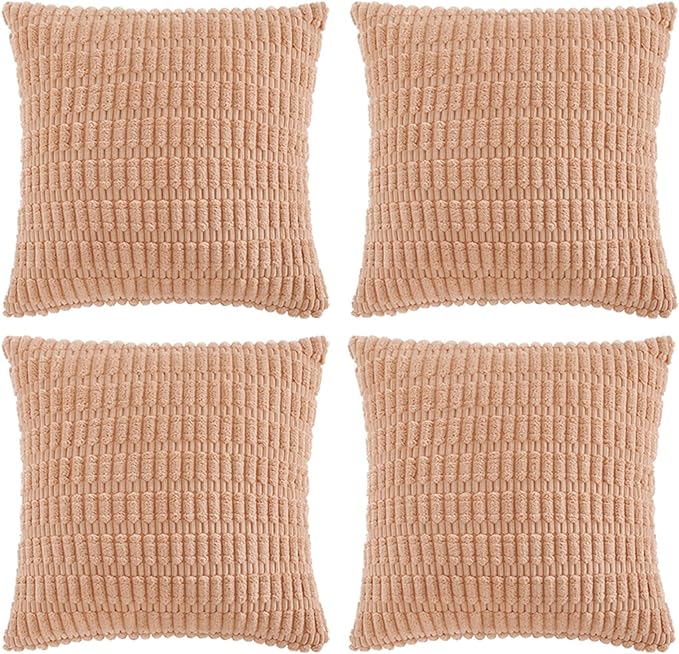 Fancy Homi 4 Packs Peach Decorative Throw Pillow Covers 18x18 Inch for Living Room Couch Bed, Rustic Modern Farmhouse Boho Home Decor, Soft Plush Corduroy Cute Accent Square Cushion Case 45x45 cm