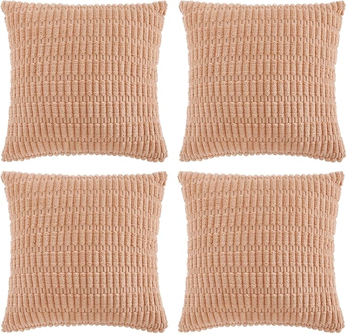 Fancy Homi 4 Packs Peach Decorative Throw Pillow Covers 24x24 Inch for Living Room Couch Bed, Rustic Modern Farmhouse Boho Home Decor, Soft Plush Corduroy Cute Square Accent Cushion Case 60x60 cm