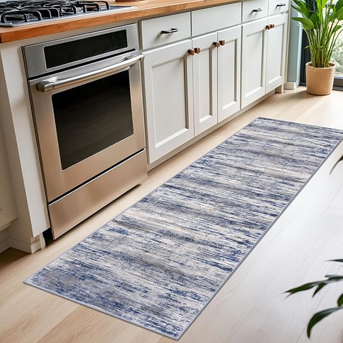 KOZYFLY Modern Abstract Washable Rug Runner 2x7 Hallway Runner Rug Non-Slip Soft Kitchen Runner Rugs, Print Grey-Blue Striped Carpet Runner for Entryway Bathroom Laundry Room Foyer