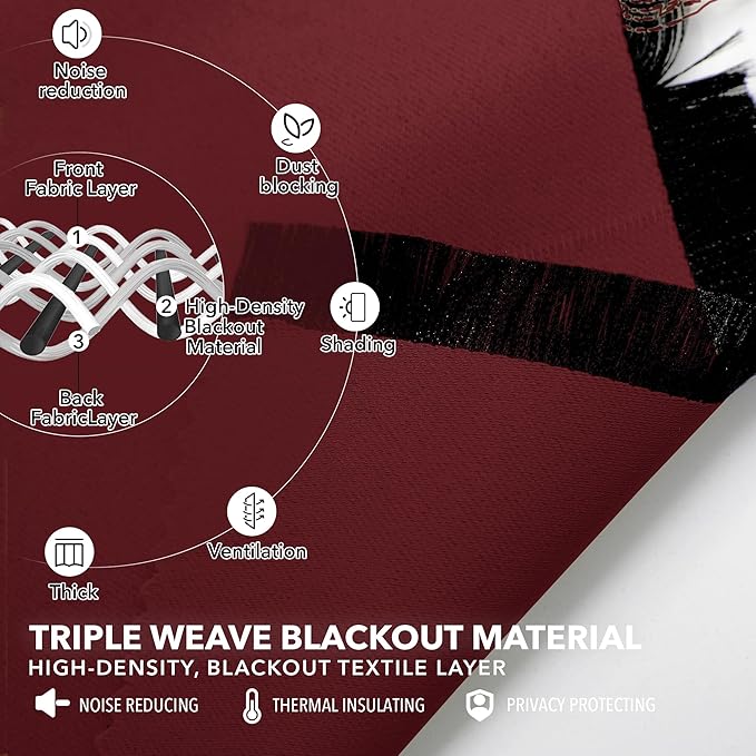 Deconovo Blackout Curtains, Thermal Insulated, W42 x L72 2 Panels, Back Tab, Machine Washable, Room-Darkening Drapes for Bedroom/Living Room Burgundy Red