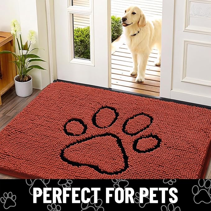 Smiry Dog Door Mat for Muddy Paws, Absorbent Dirt Trapper Non Slip Quick Dry Washable Chenille Mat for Mud Dogs, Entry Rug for Indoor and Outdoor (48x30 Inches, Maple Red and Black)