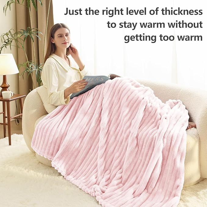 HIMEET Pink Ribbed Queen Size Blanket for Bed - 300GSM Lightweight Fleece Blanket for Men Women, Large Cozy Sofa Couch Cover Bed Blankets Gifts, Striped Spring Home Room Decor, Pink, 90x90 Inches