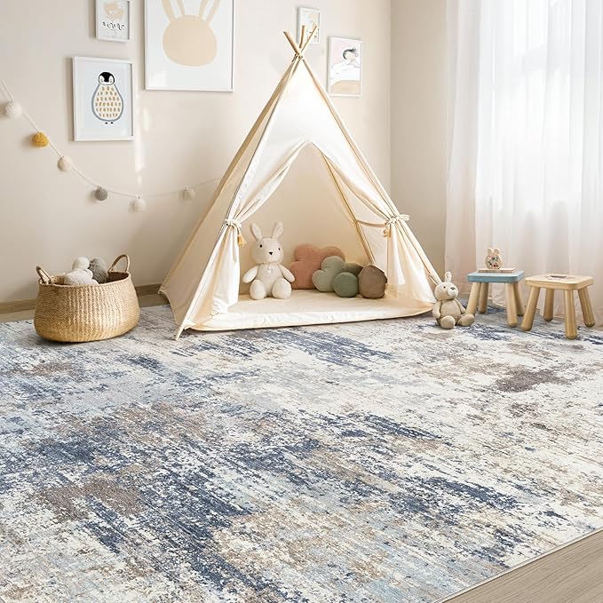 UERMEI 8x10 Area Rug Living Room Rugs Thickened - Washable Neutral Modern Abstract Soft Rug Indoor Floor No Slip Rug Carpet for Bedroom Under Dining Table Home Office Decor - Denim Blue