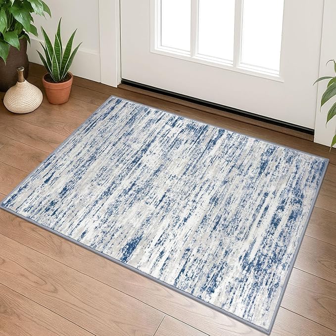 Lansny Modern Abstract Entryway Rug Indoor 2x3 Washable Rug Non-Slip Soft Small Area Rug Blue White Kitchen Mats Thin Print Faux Wool Floor Carpet Throw Rugs for Entrance Bedroom Office Home Decor
