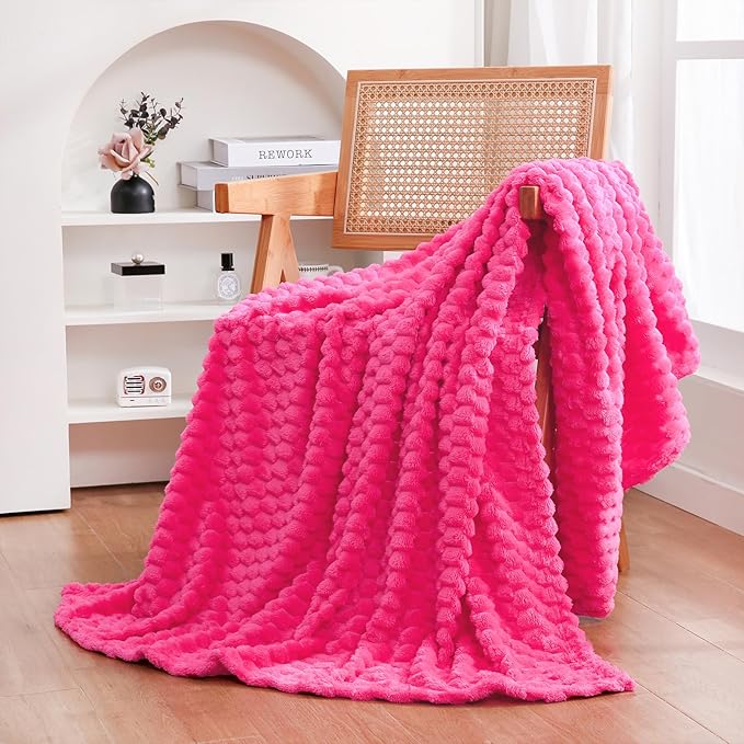 Puncuntex Hot Pink Throw Blanket 60"×80" inches Fuzzy 3D Jacquard Decorative Flannel Fleece Super Soft Plush Cozy Blanket for Couch Sofa Chair Lightweight
