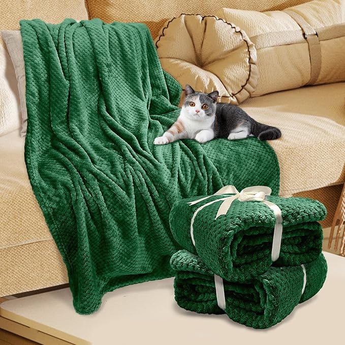 4 Pack Fleece Throw Blankets 50x60 Inches – 270 GSM Ultra Soft Flannel, Oeko-TEX Standard 100 Certified, Lightweight 3D Waffle Texture, No Shedding/Pilling, for Bed, Couch, Sofa, All Season (Green)