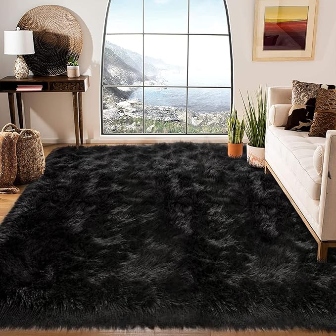 Latepis Black Faux Fur Rug 8x10, Faux Fur Sheepskin Rug for Living Room, Fluffy Washable Fuzzy Rugs Carpet for Bedroom, Luxury Room Decor, Rectangle