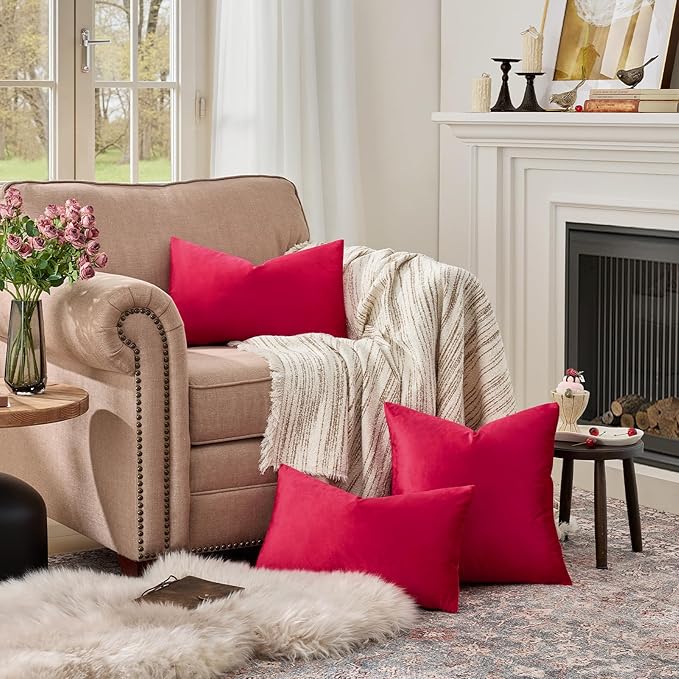 GIGIZAZA Red Velvet 12x20 Decorative Throw Pillow Covers for Sofa Bed 2 Pack Soft Cushion Cover