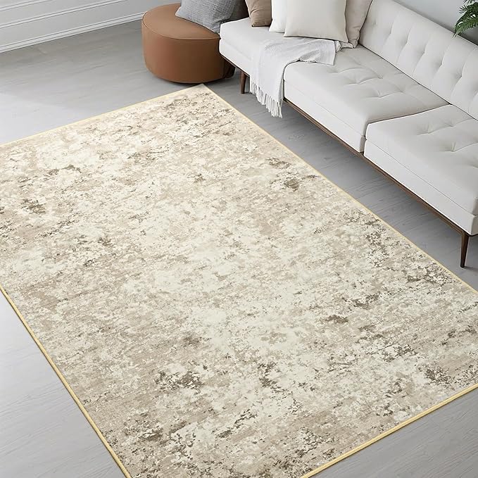 Toneed Abstract Area Rug Modern Washable Rug Soft Non Slip Rug Low Pile for Bedroom Living Room Dining Room Beige 3x5 Feet