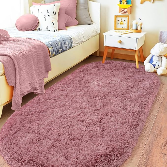 Pionblank Fluffy Oval Area Rug for Bedroom 3.3x6.2 Feet, Cute Plush Throw Rugs for Bedside, Ultra Soft Shag Carpet for Living Room Kids Room Nursery Teens Dorm Home Decor, Blush