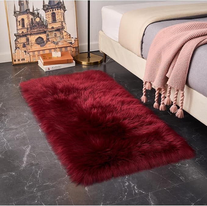 EasyJoy Ultra Soft Fluffy Shaggy Area Rug Faux Fur Rug Chair Cover Seat Pad Fuzzy Area Rug for Bedroom Floor Sofa Living Room (2 x 4 ft Rectangle, Burgundy)