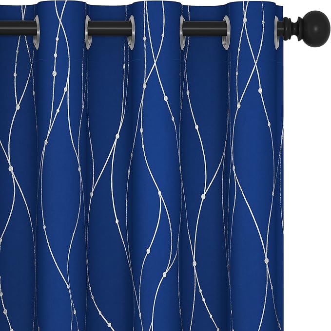 Deconovo Blackout Curtains, 52 x 95 Inch Drapes for Sliding Door with Wave Dot Silver Print, Soundproof Thermal Insulated Window Curtain for Bedroom Living Room, Set of 2, Machine Washable, Royal Blue